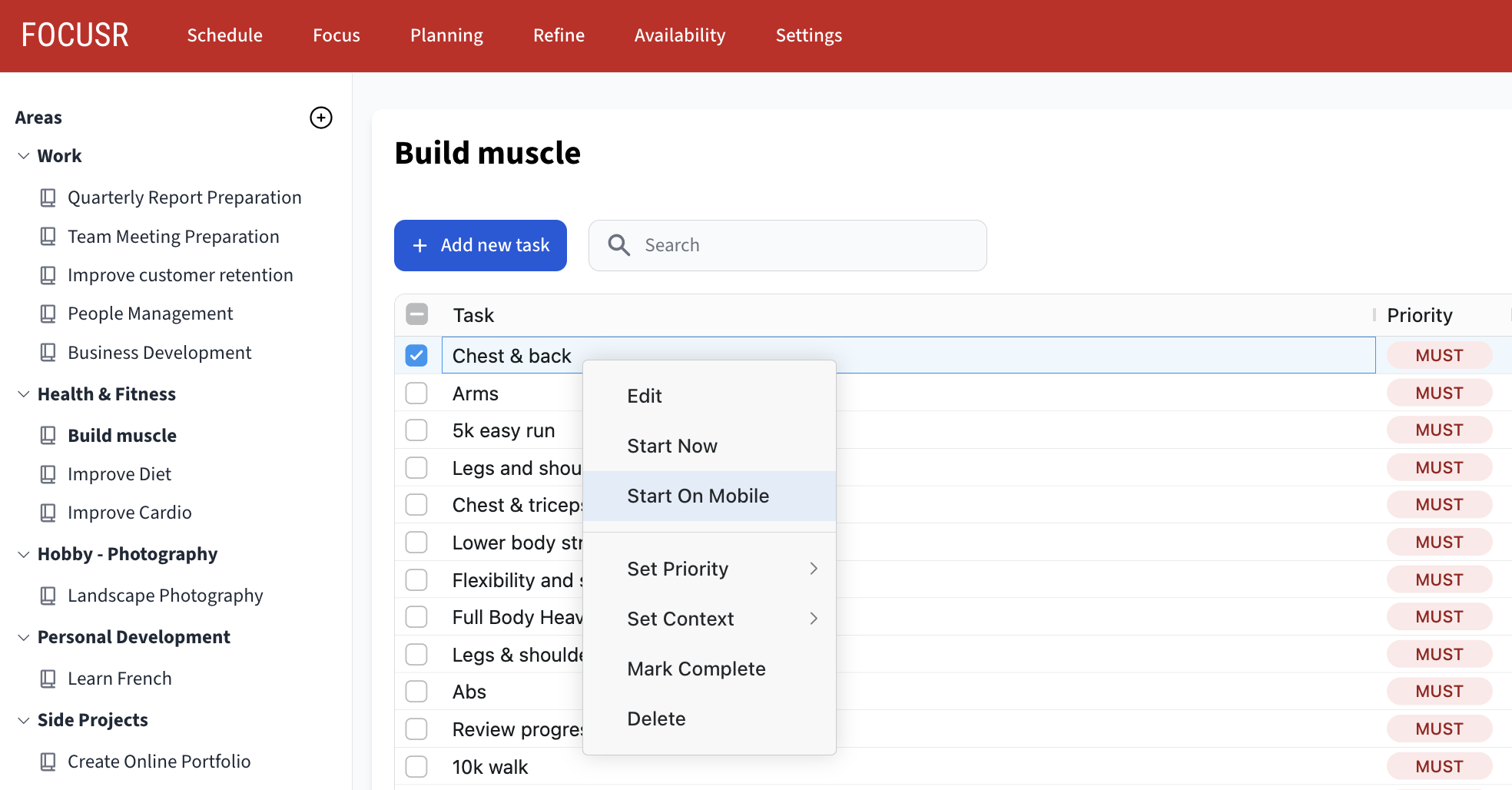 planning page with start on mobile feature